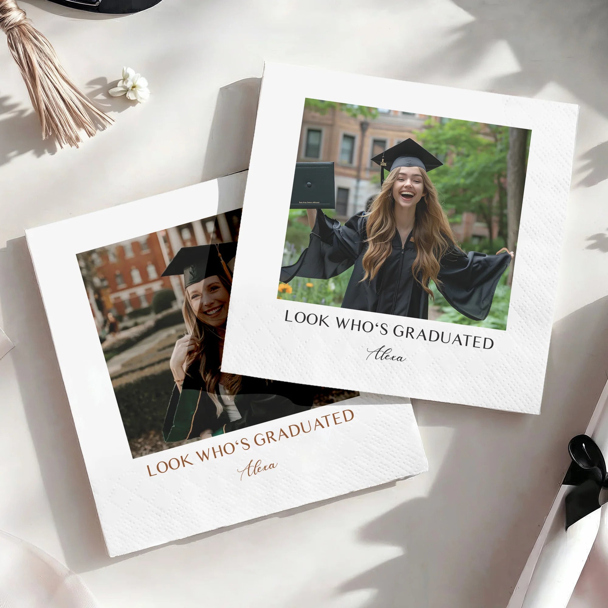 Servilletas personalizadas de graduación con diseño a medida, papel 3 capas biodegradables, ideales para fiestas de graduación, eventos escolares y decoración de mesa.