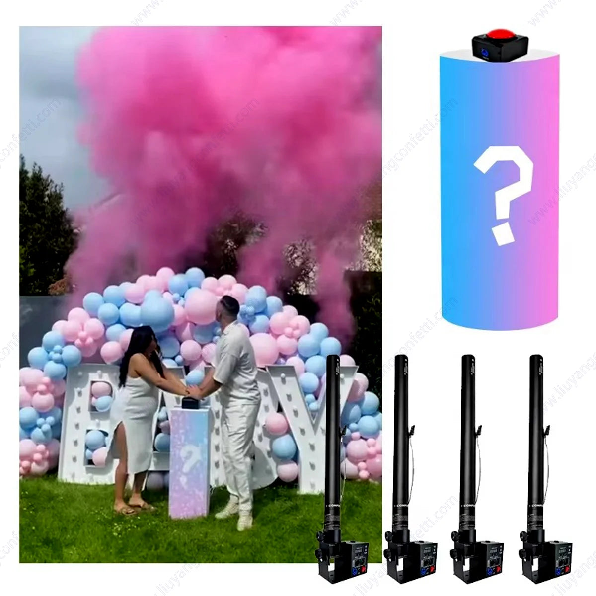 Cañón de humo y confeti para revelación de género con efecto visual para baby shower y fiesta de anuncio del bebé.
