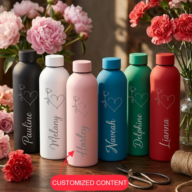 Vaso personalizado de acero inoxidable con nombre y logo grabado para bebidas, ideal para deportes, viajes y actividades al aire libre.
