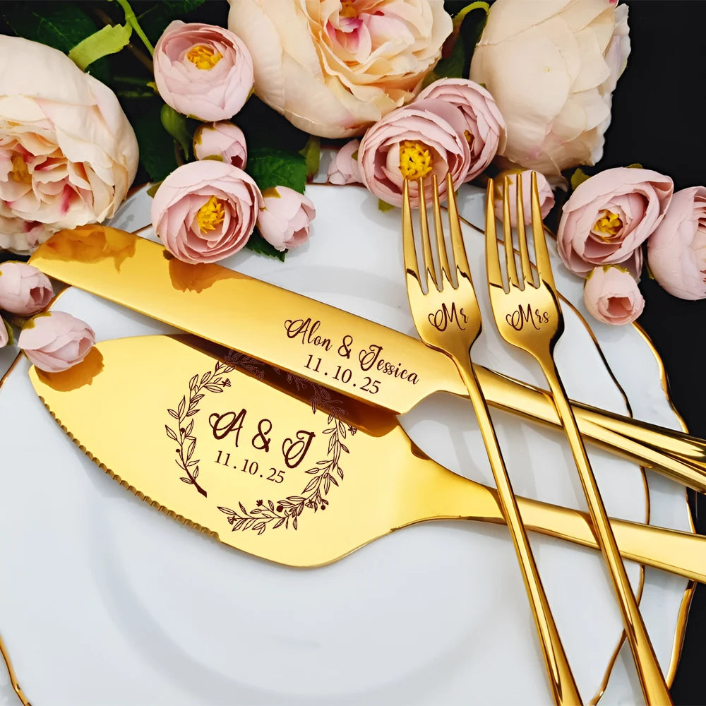 Set personalizado para cortar pastel de boda con grabado láser elegante