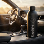 Vaso personalizado de acero inoxidable con nombre y logo grabado para bebidas, ideal para deportes, viajes y actividades al aire libre.