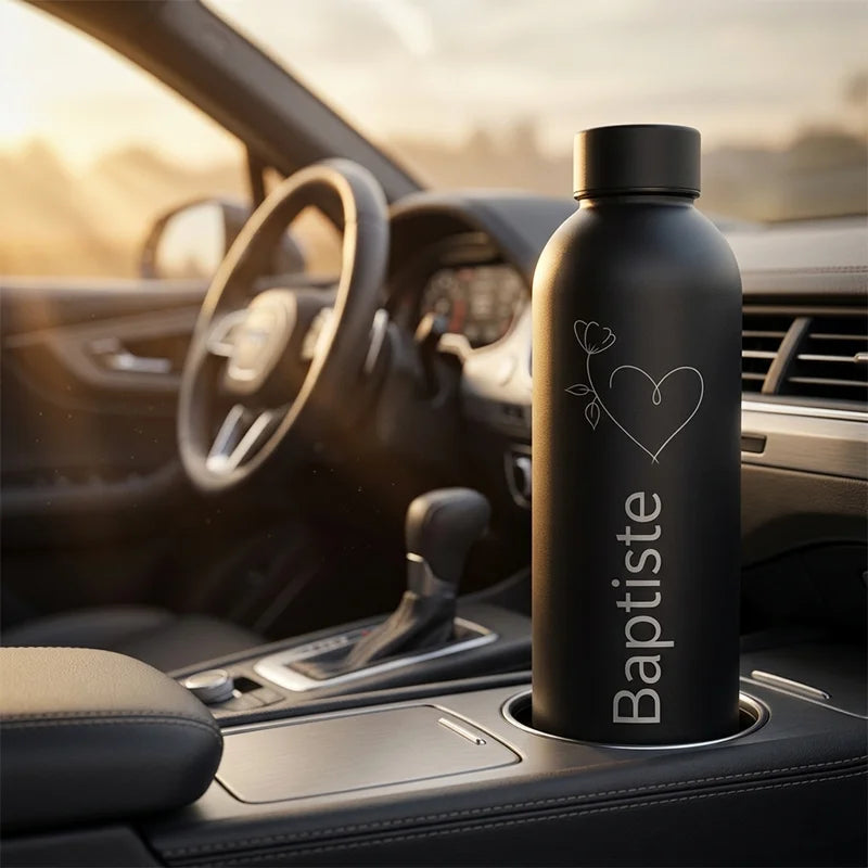 Vaso personalizado de acero inoxidable con nombre y logo grabado para bebidas, ideal para deportes, viajes y actividades al aire libre.