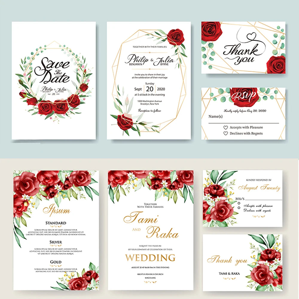 Tarjetas personalizadas para boda con RSVP, menú, agradecimiento e información adicional impresas en papel perlado de alta calidad.