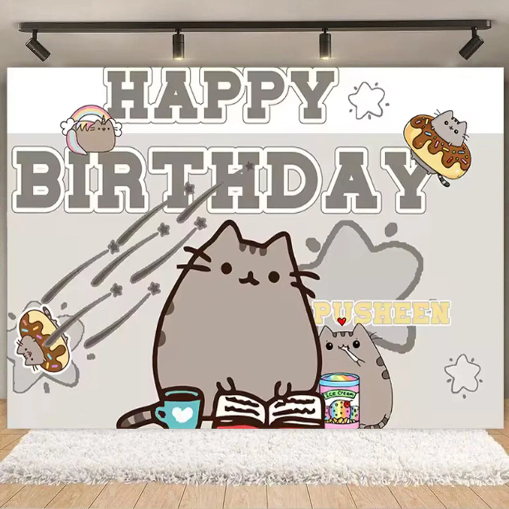 Fondo fotográfico de cumpleaños con gato gris cartoon, ideal para decoración de fiestas infantiles, baby shower y sesiones de fotografía.