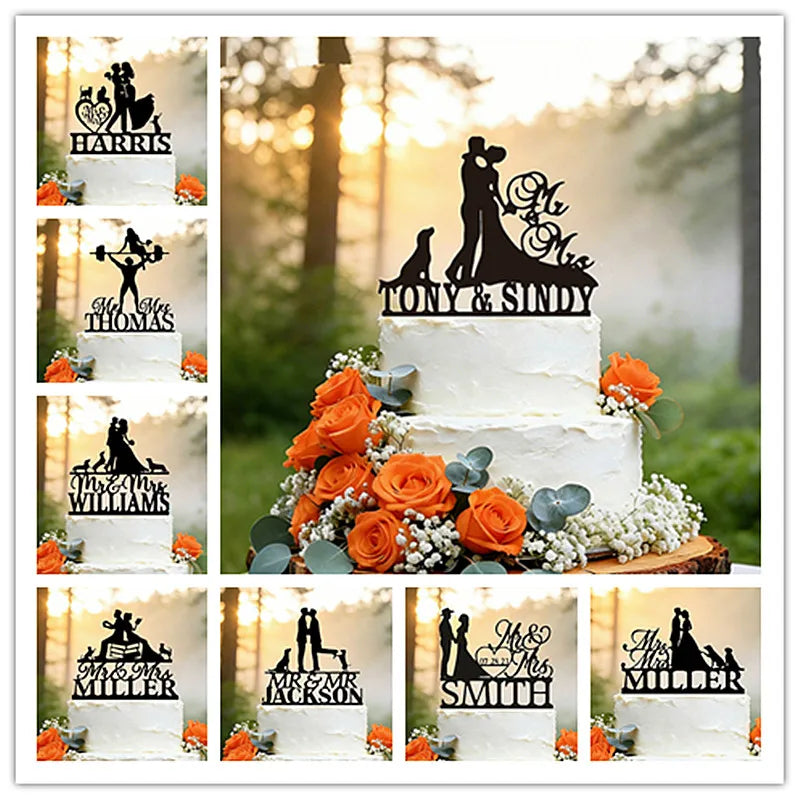 Cake topper personalizado Mr & Mrs con apellido para boda en acrílico o madera sobre pastel de celebración.