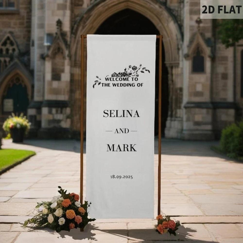 Banner de bienvenida para boda personalizado en tela de poliéster con diseño personalizado para ceremonias, recepciones y eventos especiales.