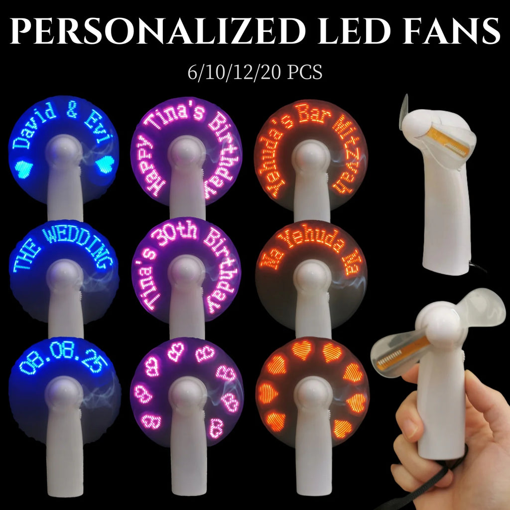Ventilador LED portátil personalizado con frases iluminadas, ideal para bodas, cumpleaños, fiestas al aire libre, souvenirs y regalos para invitados.