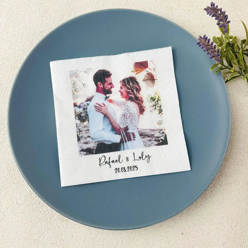 Servilletas personalizadas con foto de mascota o persona para boda, aniversario, fiesta de cumpleaños o evento especial con nombre y fecha impresos.