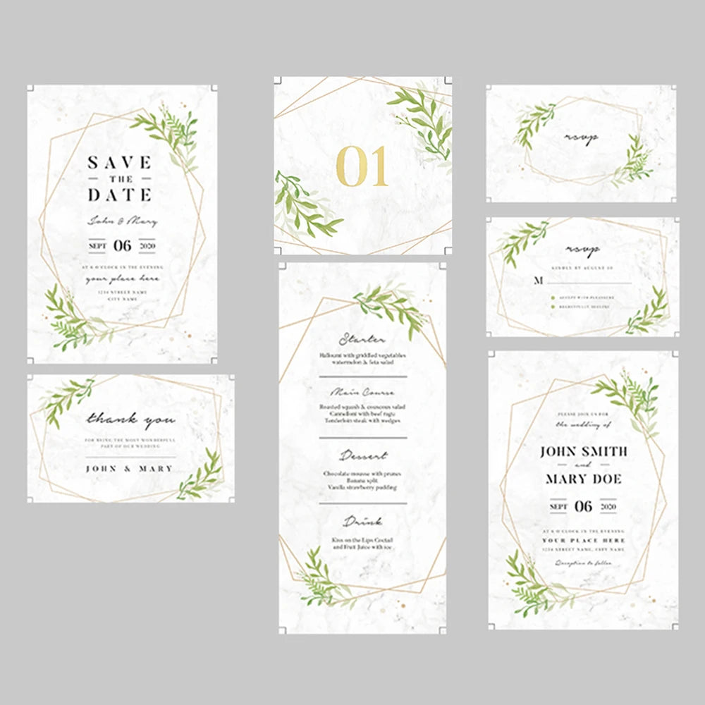 Tarjetas personalizadas para boda con RSVP, menú, agradecimiento e información adicional impresas en papel perlado de alta calidad.