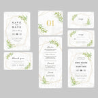 Tarjetas personalizadas para boda con RSVP, menú, agradecimiento e información adicional impresas en papel perlado de alta calidad.