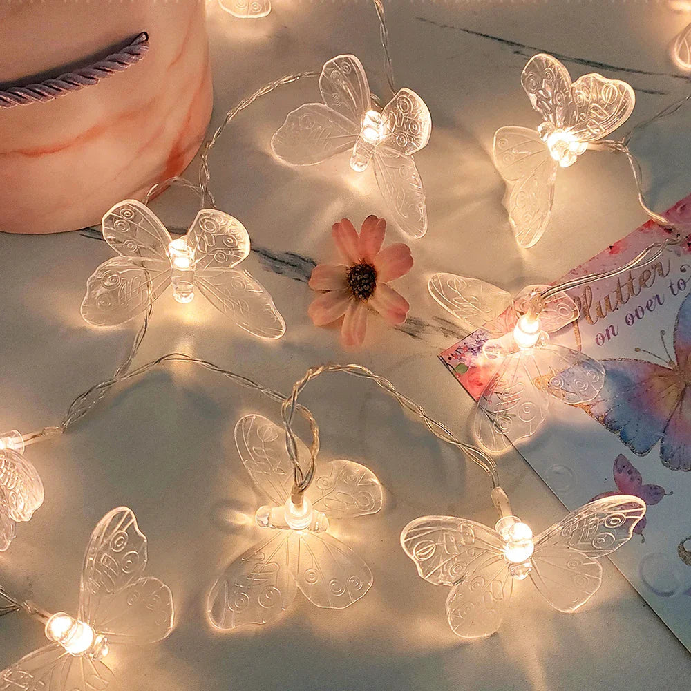 Luces LED mariposa en cadena para decoración de habitación y fiestas, luz cálida blanca, 1.5m/3m/6m, ideal para bodas, cumpleaños y patios.