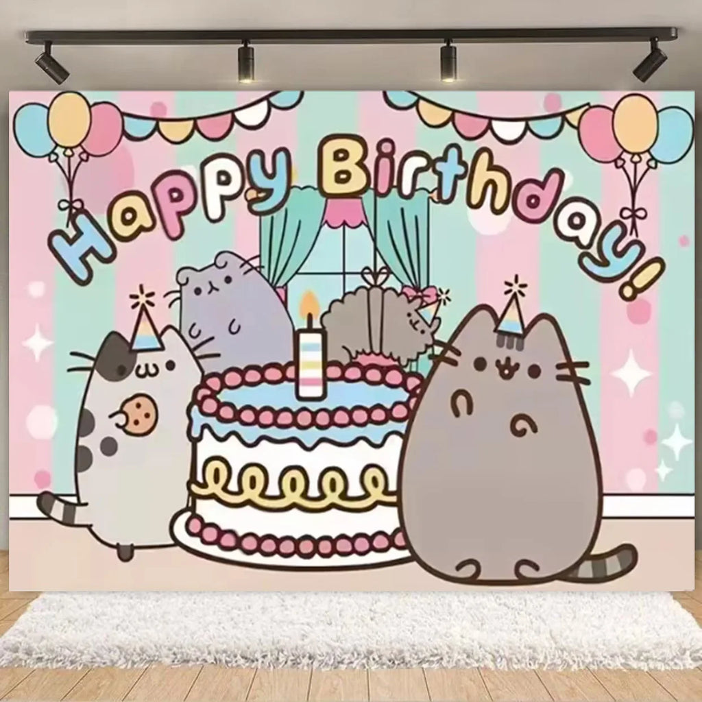 Fondo fotográfico de cumpleaños con gato gris cartoon, ideal para decoración de fiestas infantiles, baby shower y sesiones de fotografía.