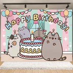 Fondo fotográfico de cumpleaños con gato gris cartoon, ideal para decoración de fiestas infantiles, baby shower y sesiones de fotografía.