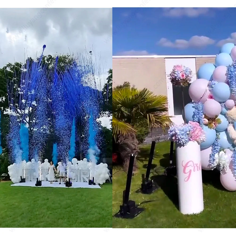 Cañón de humo y confeti para revelación de género con efecto visual para baby shower y fiesta de anuncio del bebé.