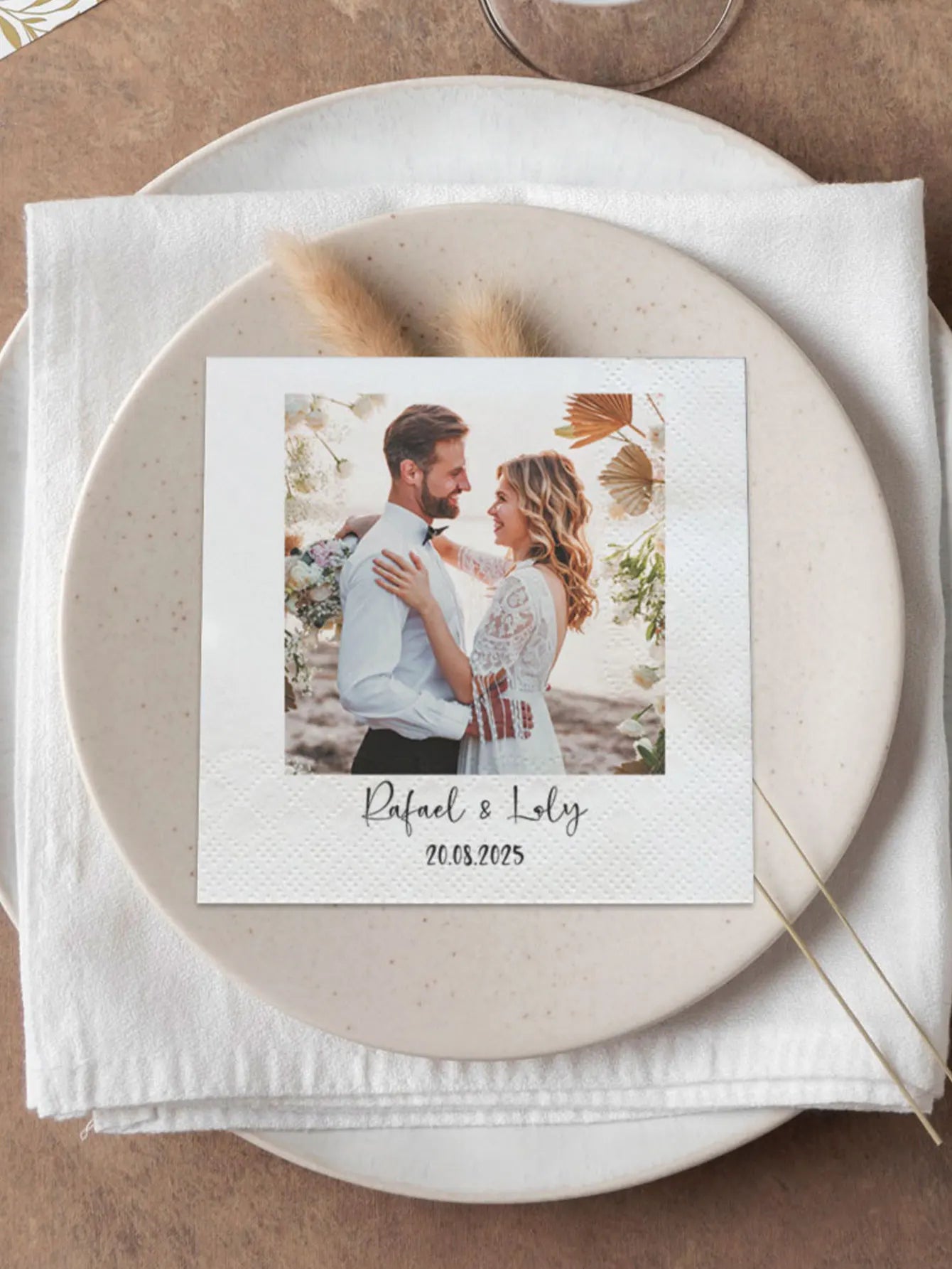 Servilletas personalizadas con foto de mascota o persona para boda, aniversario, fiesta de cumpleaños o evento especial con nombre y fecha impresos.