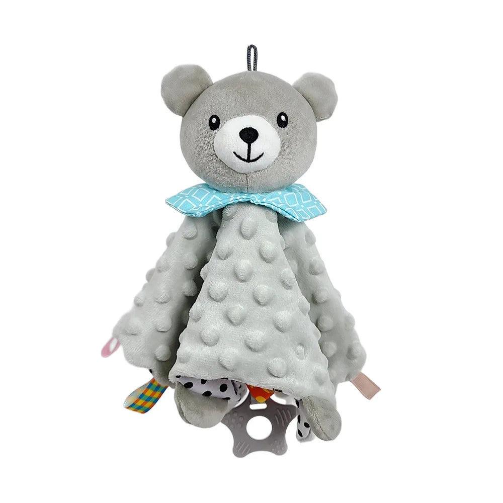 Manta de apego para bebé personalizada con nombre, diseño de elefante y mordedor de silicona, ideal para recién nacidos y niños pequeños.
