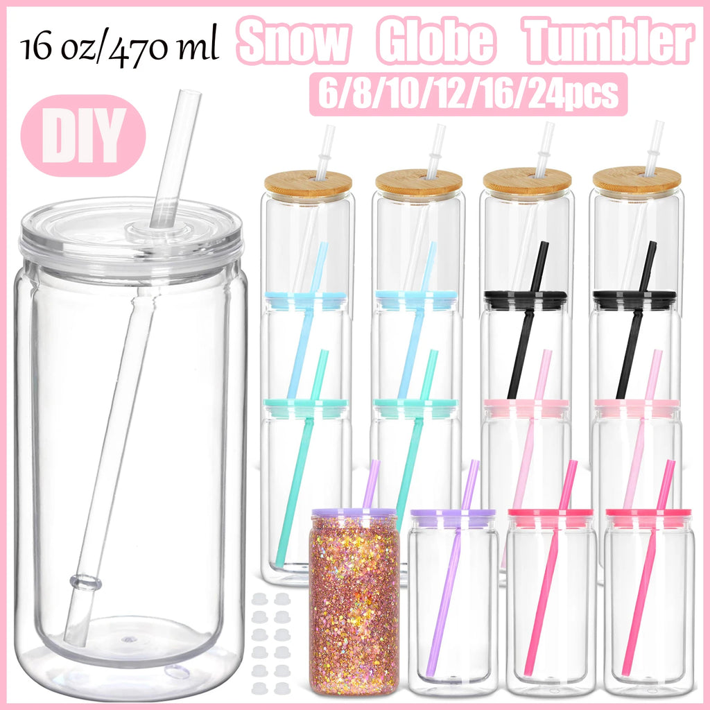 Vasos Snow Globe DIY 16oz para fiestas, con doble pared y agujero pre-perforado, perfectos para purpurina, confeti y manualidades creativas.