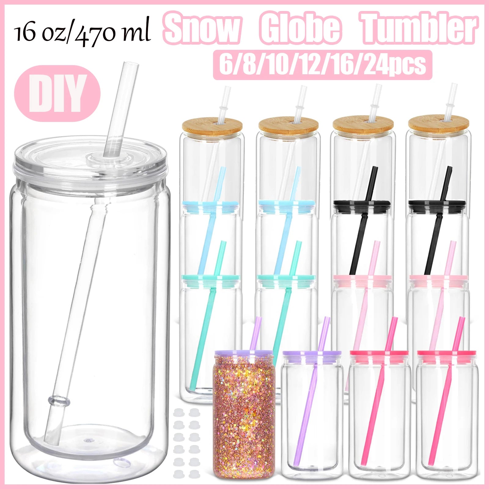 Vasos Snow Globe DIY 16oz para fiestas, con doble pared y agujero pre-perforado, perfectos para purpurina, confeti y manualidades creativas.