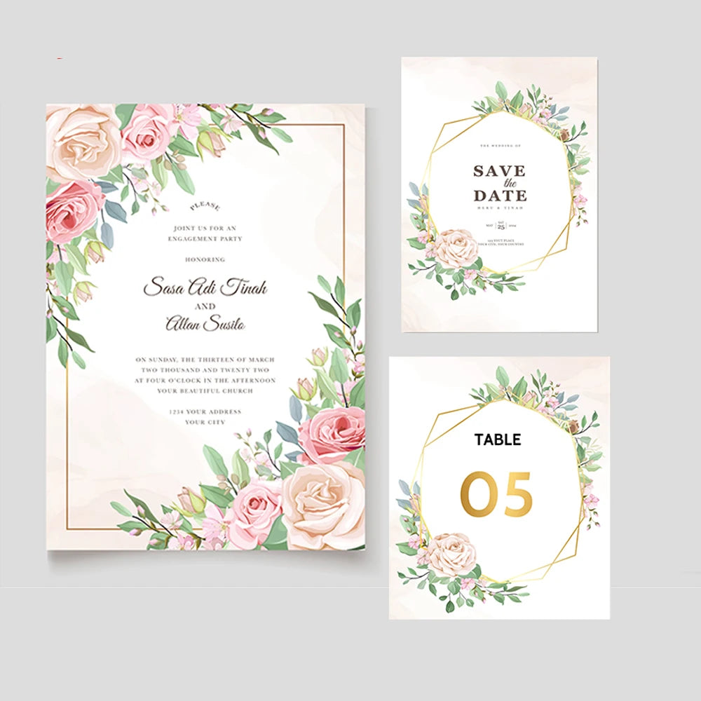 Tarjetas personalizadas para boda con RSVP, menú, agradecimiento e información adicional impresas en papel perlado de alta calidad.