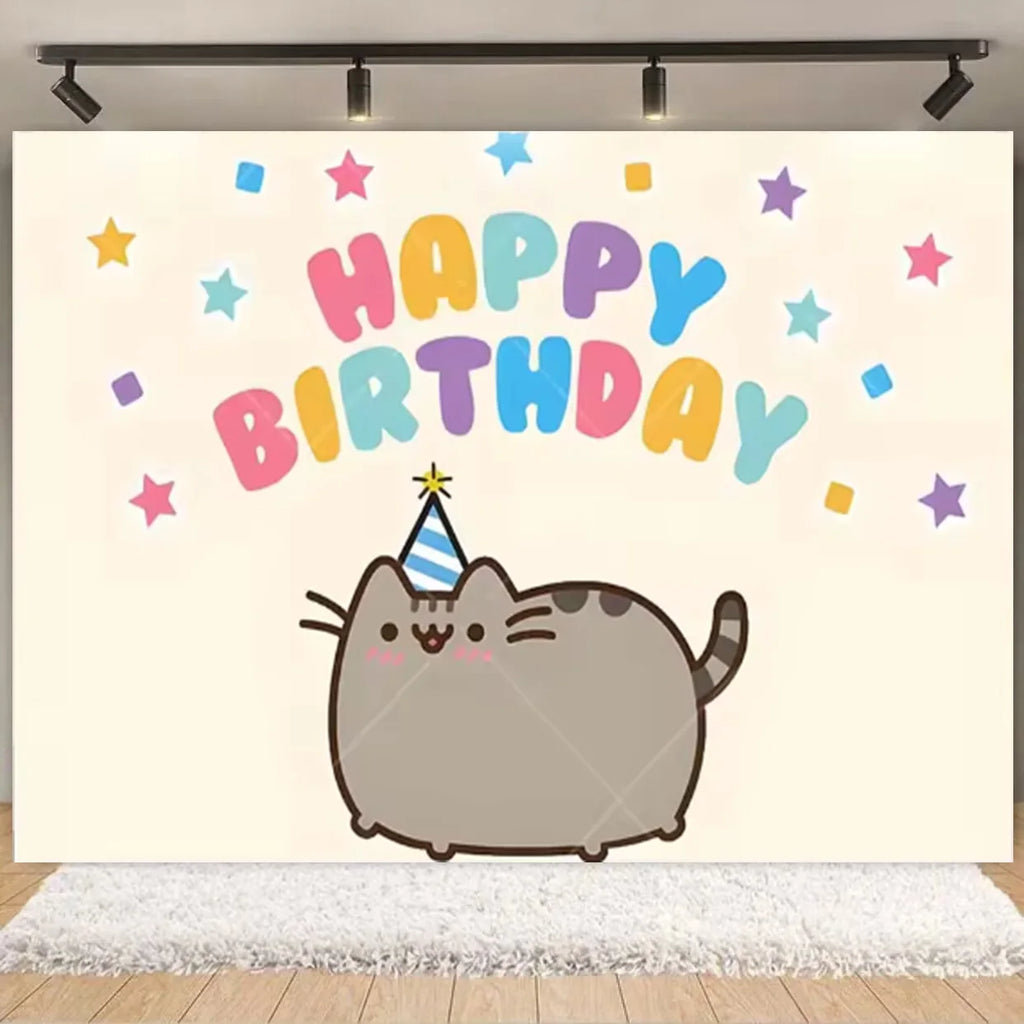 Fondo fotográfico de cumpleaños con gato gris cartoon, ideal para decoración de fiestas infantiles, baby shower y sesiones de fotografía.