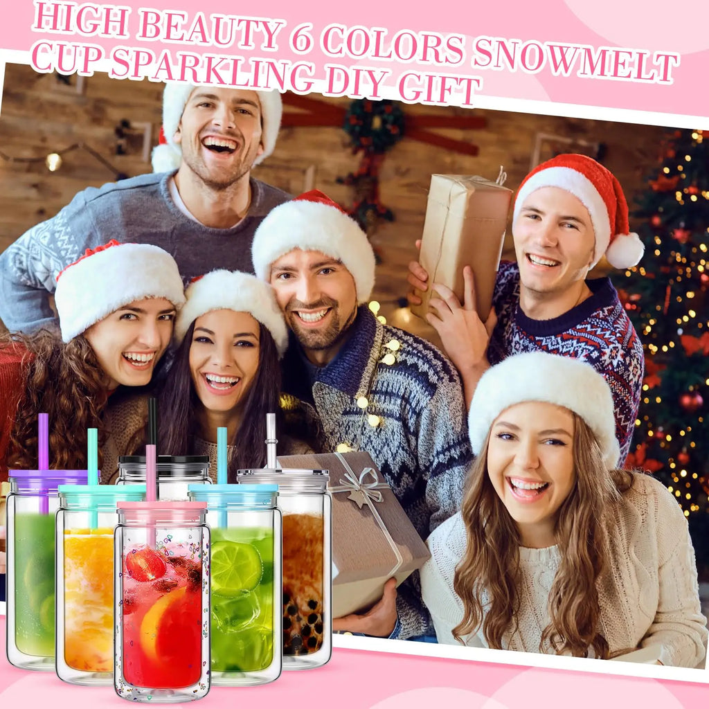Vasos Snow Globe DIY 16oz para fiestas, con doble pared y agujero pre-perforado, perfectos para purpurina, confeti y manualidades creativas.