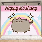Fondo fotográfico de cumpleaños con gato gris cartoon, ideal para decoración de fiestas infantiles, baby shower y sesiones de fotografía.