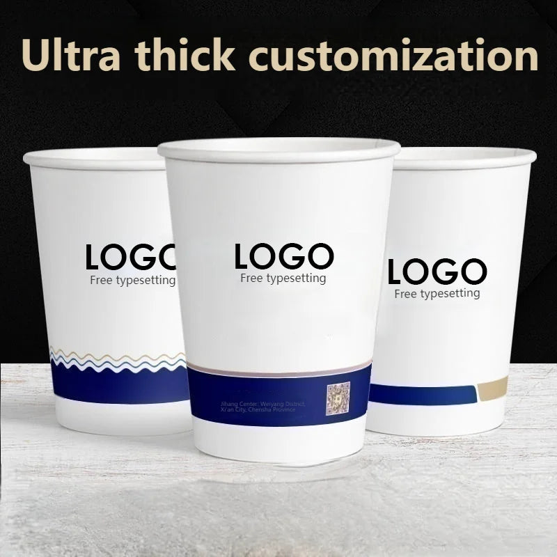 Vasos de papel personalizados de 250ml con nombre o logo, desechables y ecológicos, ideales para fiestas, bodas y eventos con diseño personalizado elegante.