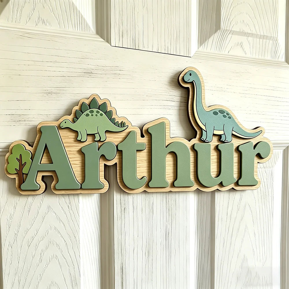 Cartel de madera personalizado con dinosaurios Stegosaurus y Brachiosaurus, decoración para habitación infantil, puerta o guardería, regalo único y adorable.