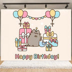 Fondo fotográfico de cumpleaños con gato gris cartoon, ideal para decoración de fiestas infantiles, baby shower y sesiones de fotografía.