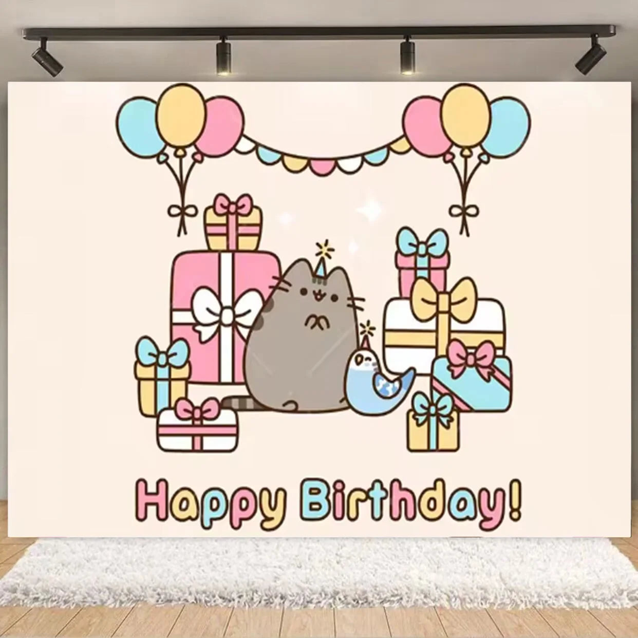 Fondo fotográfico de cumpleaños con gato gris cartoon, ideal para decoración de fiestas infantiles, baby shower y sesiones de fotografía.