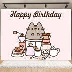 Fondo fotográfico de cumpleaños con gato gris cartoon, ideal para decoración de fiestas infantiles, baby shower y sesiones de fotografía.