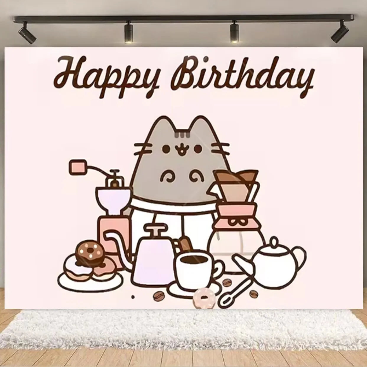 Fondo fotográfico de cumpleaños con gato gris cartoon, ideal para decoración de fiestas infantiles, baby shower y sesiones de fotografía.
