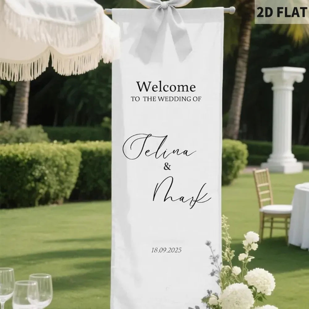 Banner de bienvenida para boda personalizado en tela de poliéster con diseño personalizado para ceremonias, recepciones y eventos especiales.