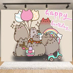 Fondo fotográfico de cumpleaños con gato gris cartoon, ideal para decoración de fiestas infantiles, baby shower y sesiones de fotografía.