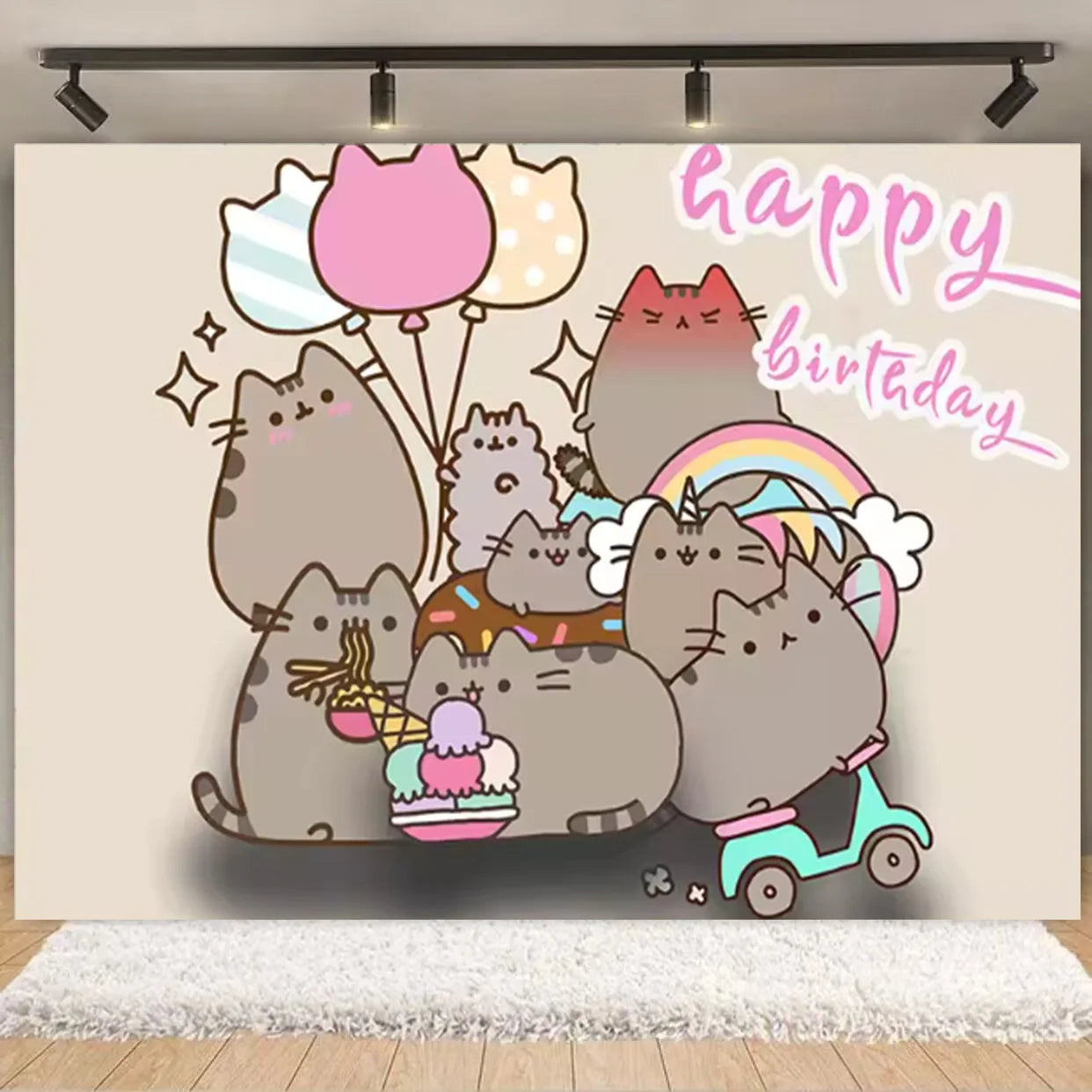 Fondo fotográfico de cumpleaños con gato gris cartoon, ideal para decoración de fiestas infantiles, baby shower y sesiones de fotografía.