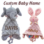 Manta de apego para bebé personalizada con nombre, diseño de elefante y mordedor de silicona, ideal para recién nacidos y niños pequeños.