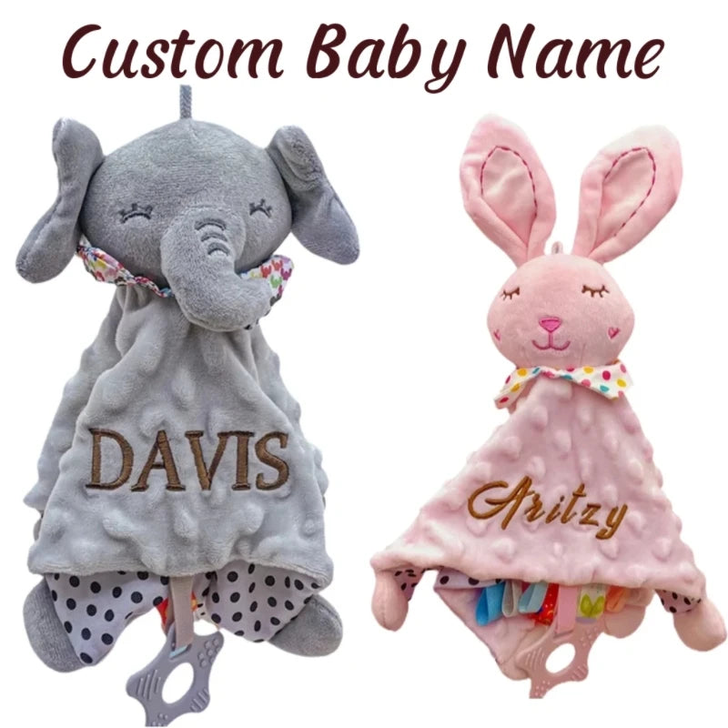 Manta de apego para bebé personalizada con nombre, diseño de elefante y mordedor de silicona, ideal para recién nacidos y niños pequeños.