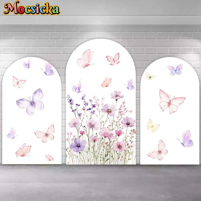 Fondo de arco personalizado con diseño de mariposas rosa y púrpura, decoración de cumpleaños para niña, ideal para fotografía de fiestas y baby shower elegante.