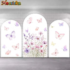 Fondo de arco personalizado con diseño de mariposas rosa y púrpura, decoración de cumpleaños para niña, ideal para fotografía de fiestas y baby shower elegante.