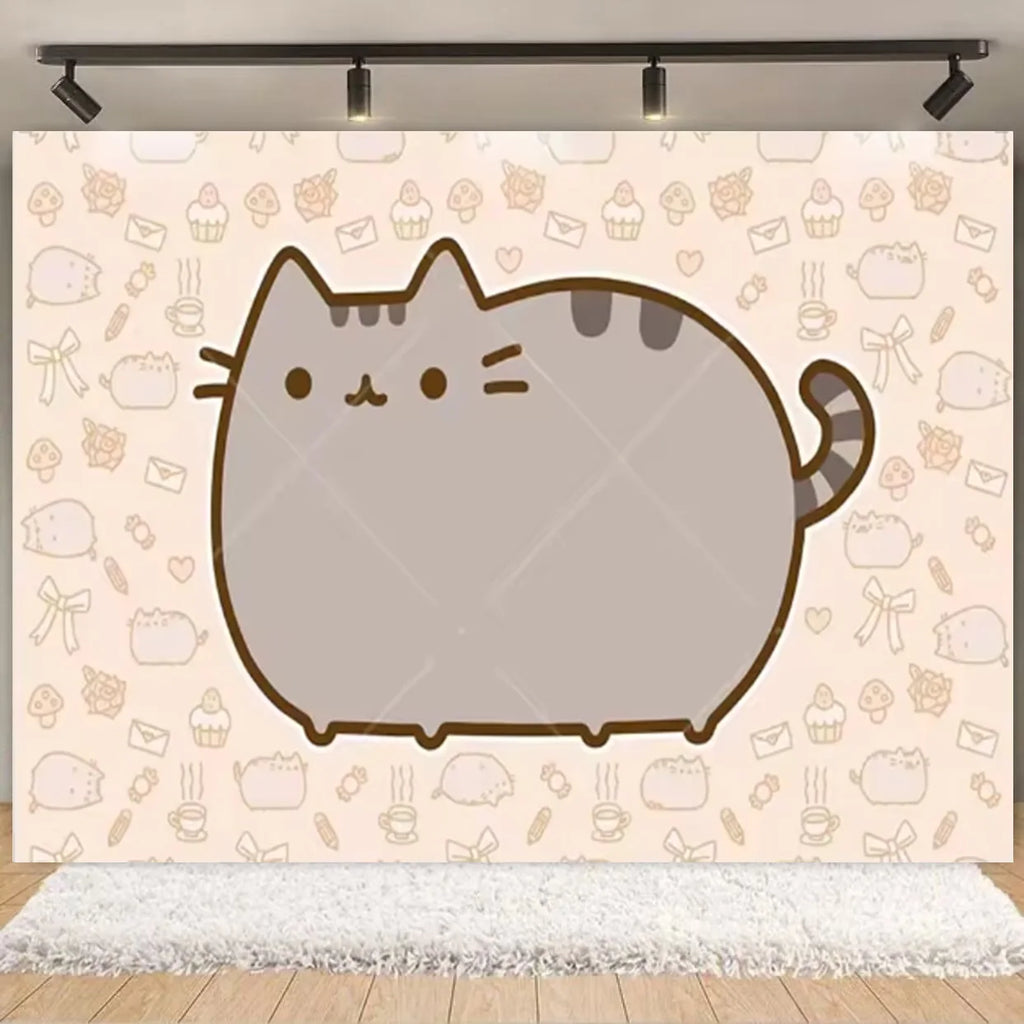 Fondo fotográfico de cumpleaños con gato gris cartoon, ideal para decoración de fiestas infantiles, baby shower y sesiones de fotografía.