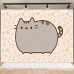 Fondo fotográfico de cumpleaños con gato gris cartoon, ideal para decoración de fiestas infantiles, baby shower y sesiones de fotografía.