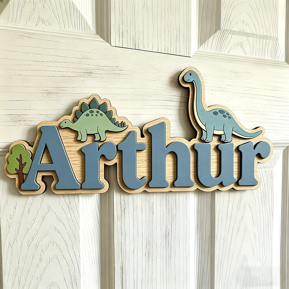 Cartel de madera personalizado con dinosaurios Stegosaurus y Brachiosaurus, decoración para habitación infantil, puerta o guardería, regalo único y adorable.