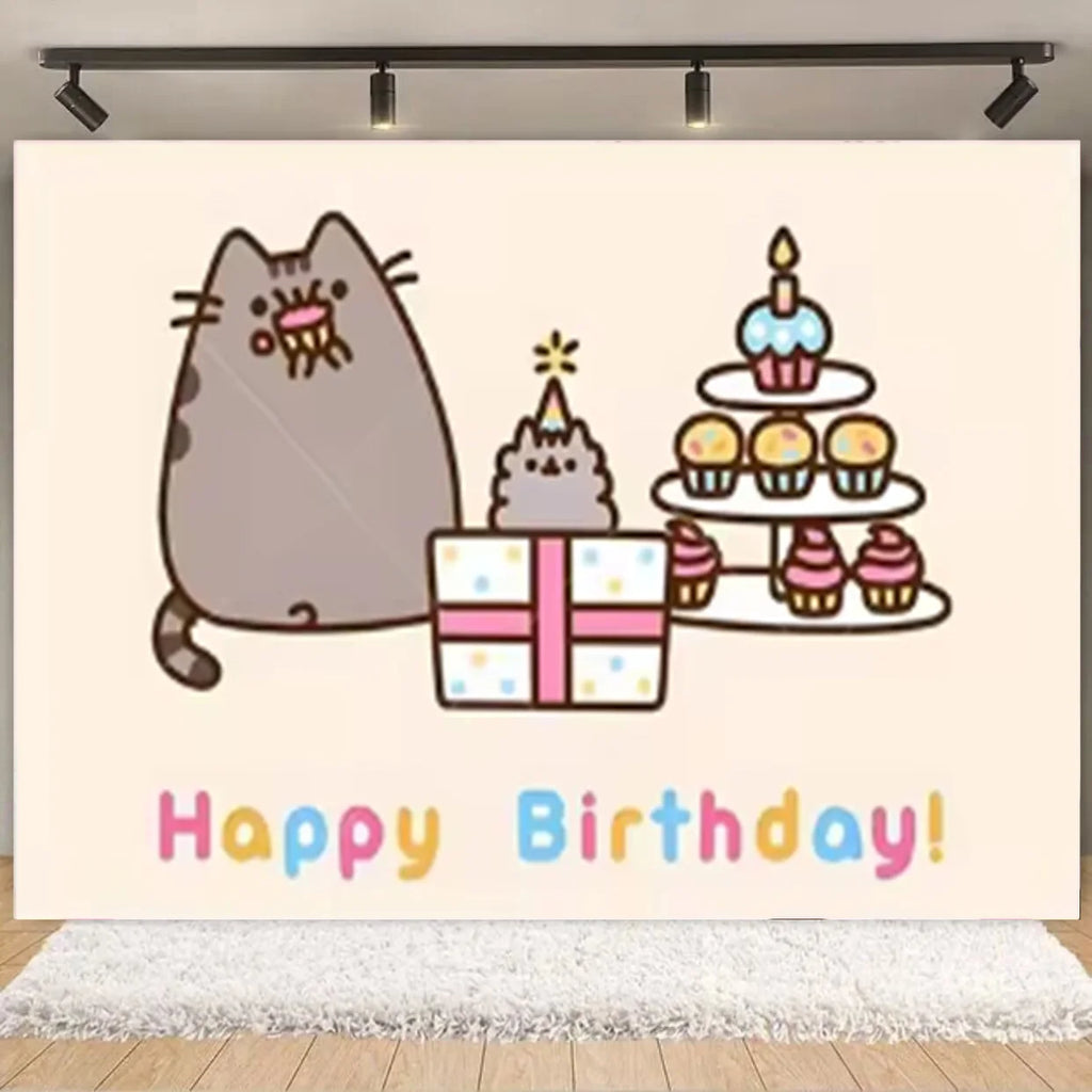 Fondo fotográfico de cumpleaños con gato gris cartoon, ideal para decoración de fiestas infantiles, baby shower y sesiones de fotografía.